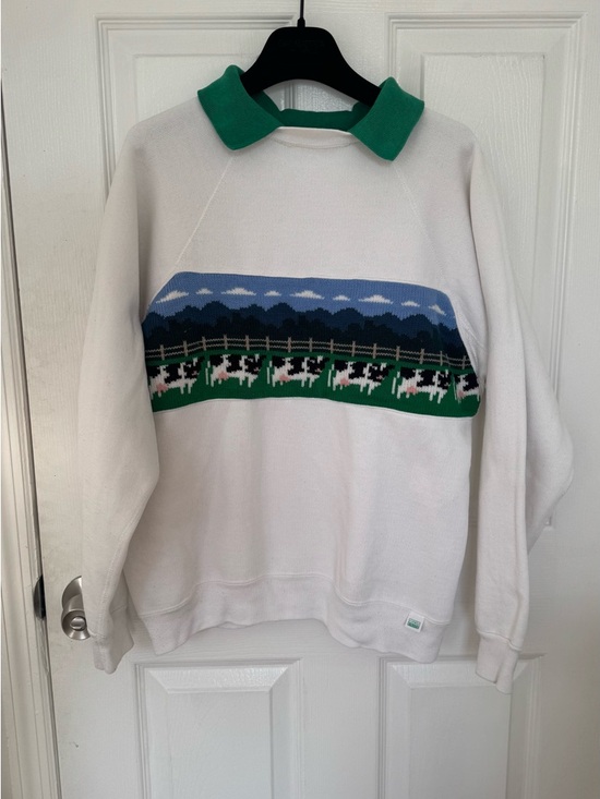 Tultex Sweaters - VINTAGE White Crewneck Sweater with Green Collar and Pastoral Knit Panel
